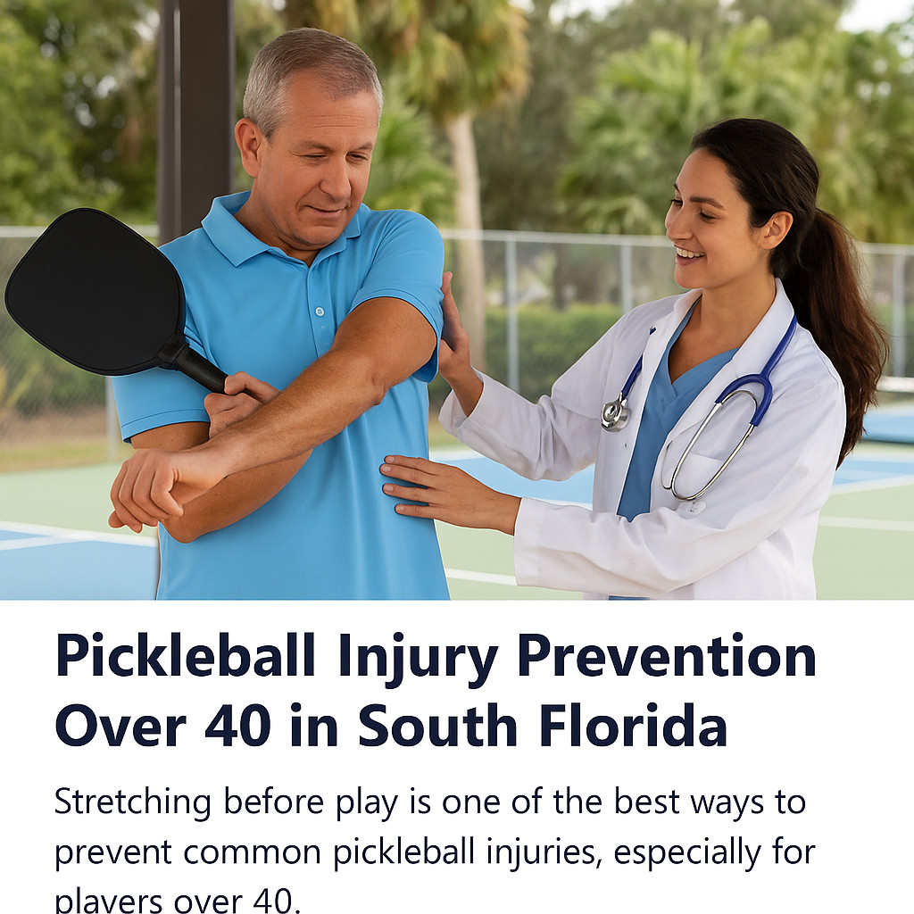 Pickleball player stretching with resistance band before a match, preventing injury