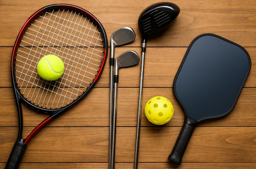 : Beginner tennis gear including racquet, shoes, towel, and balls arranged on a hard court